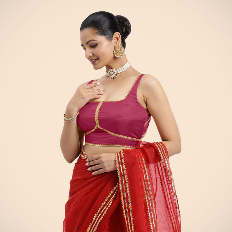Arya x Tyohaar | Rani Pink Sleeveless FlexiFit™ Saree Blouse with Square Neck and Back Window Embeliished with Golden Gota and Pearl Lace-Binks