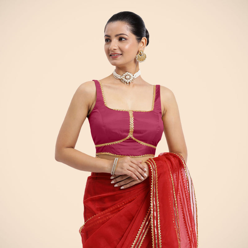 Arya x Tyohaar | Rani Pink Sleeveless FlexiFit™ Saree Blouse with Square Neck and Back Window Embeliished with Golden Gota and Pearl Lace-Binks