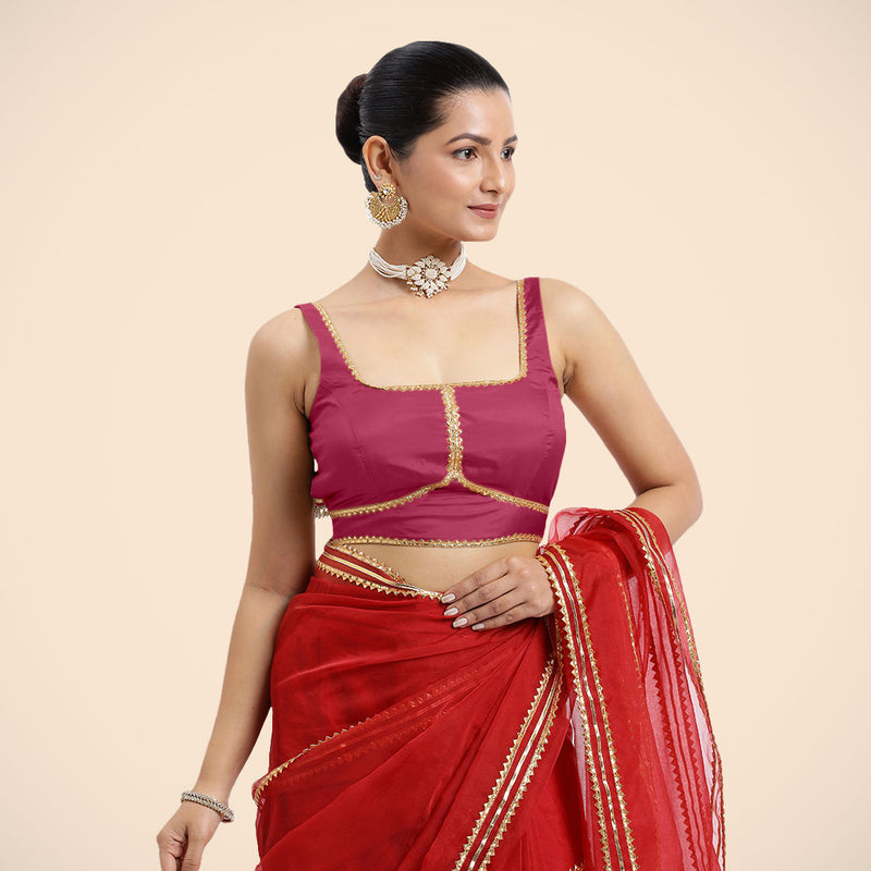 Arya x Tyohaar | Rani Pink Sleeveless FlexiFit™ Saree Blouse with Square Neck and Back Window Embeliished with Golden Gota and Pearl Lace-Binks