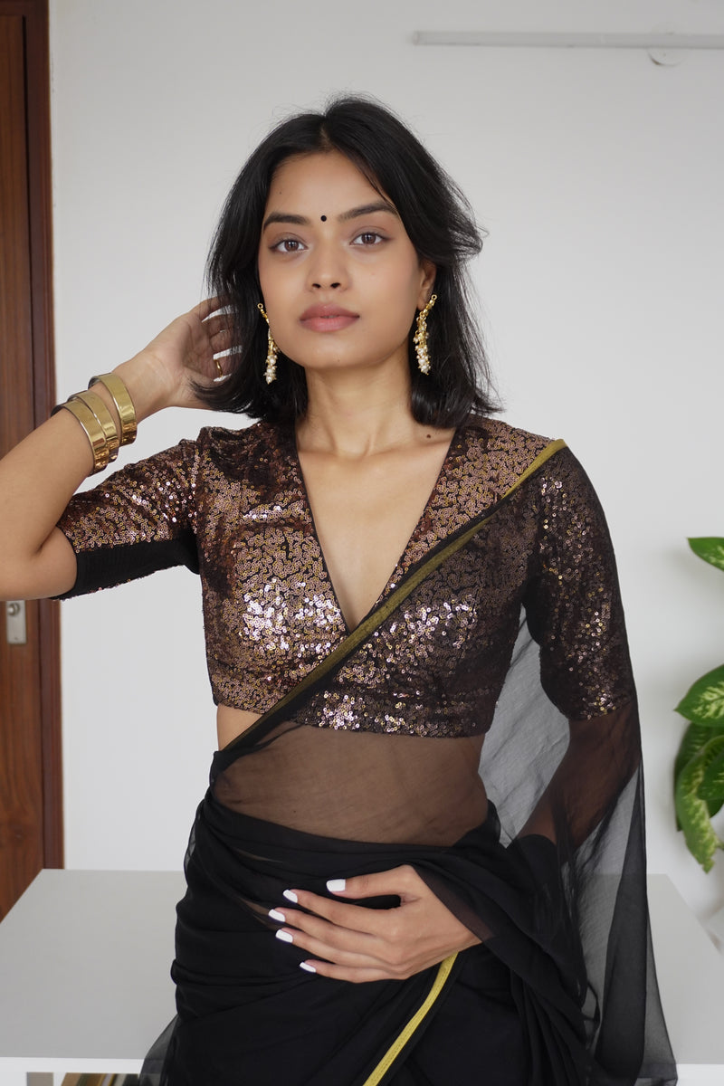 Arzoo x Tyohaar | Elbow Sleeves Gold Sequined Saree Blouse with V-Neck-Binks