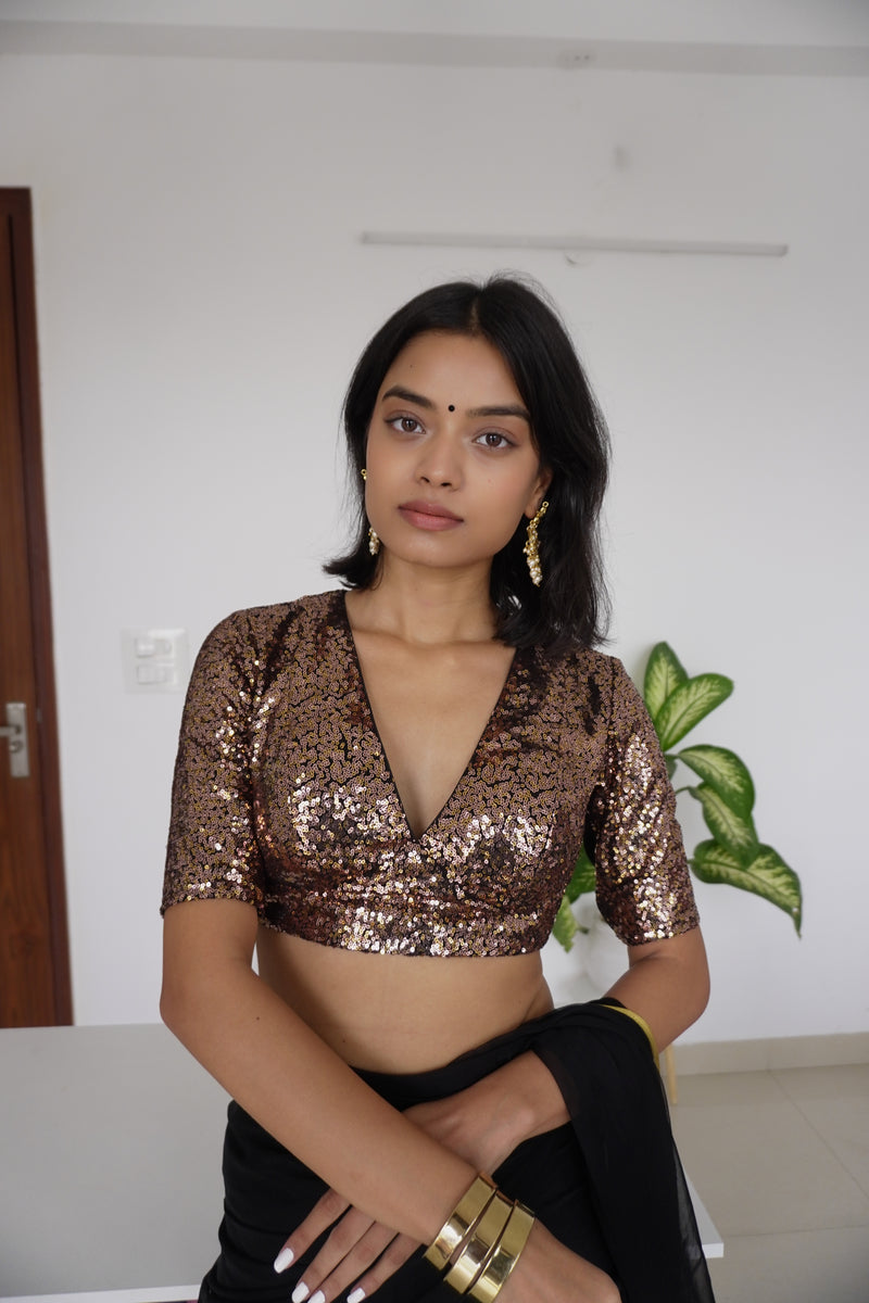 Arzoo x Tyohaar | Elbow Sleeves Gold Sequined Saree Blouse with V-Neck-Binks