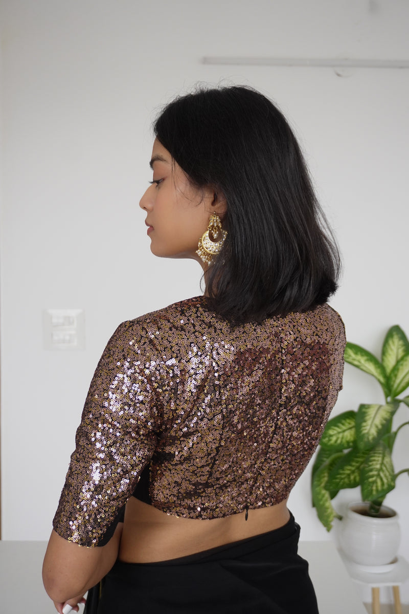 Arzoo x Tyohaar | Elbow Sleeves Gold Sequined Saree Blouse with V-Neck-Binks