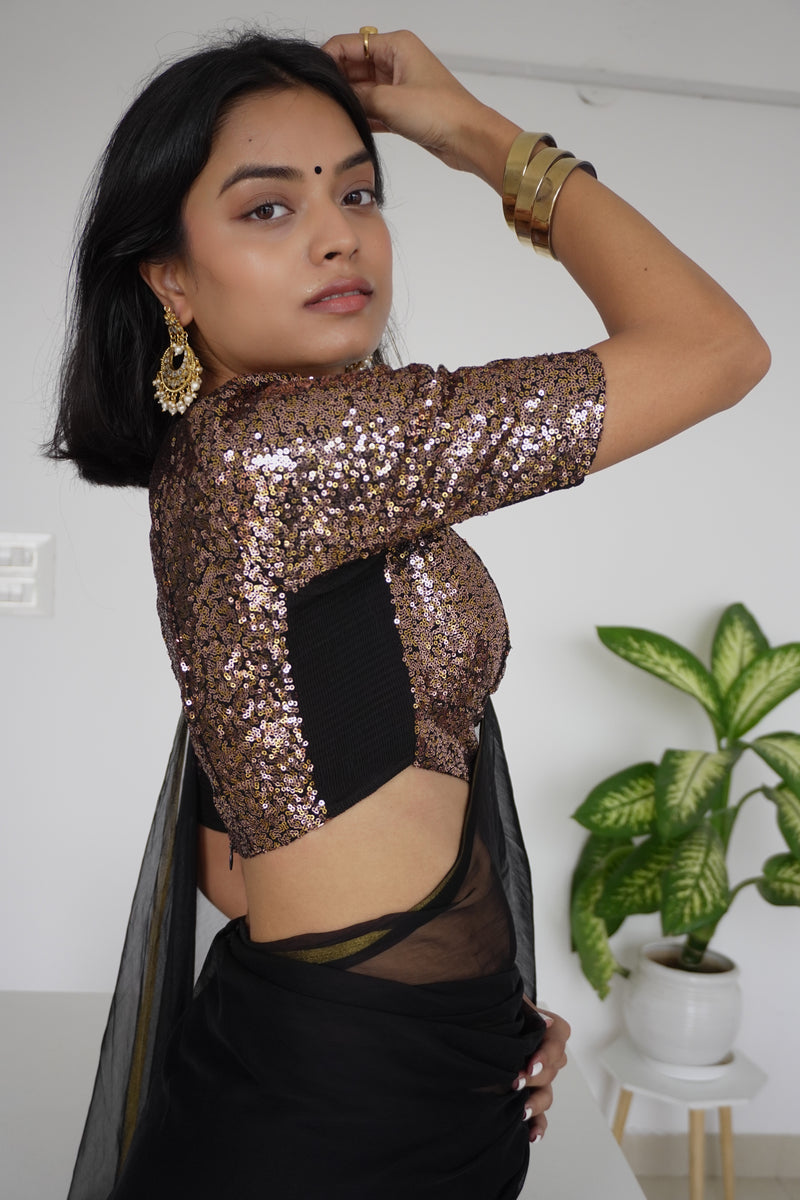 Arzoo x Tyohaar | Elbow Sleeves Gold Sequined Saree Blouse with V-Neck-Binks