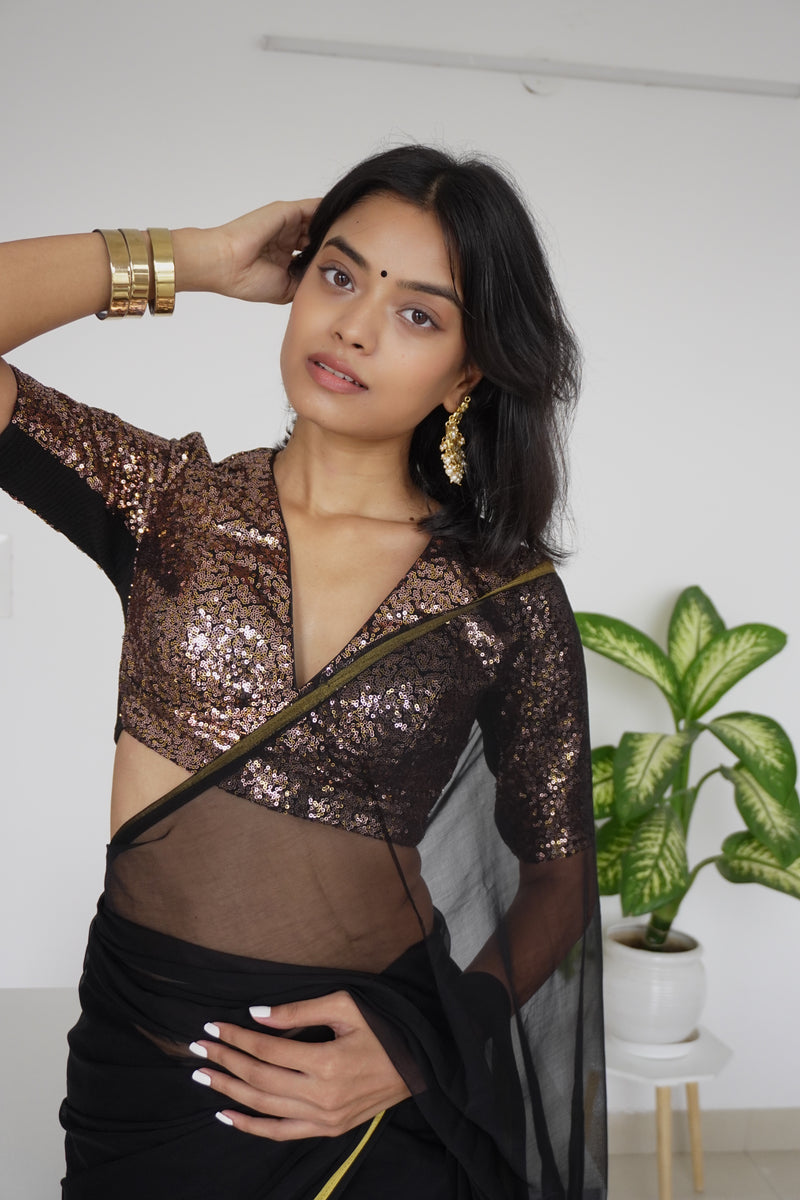 Arzoo x Tyohaar | Elbow Sleeves Gold Sequined Saree Blouse with V-Neck-Binks