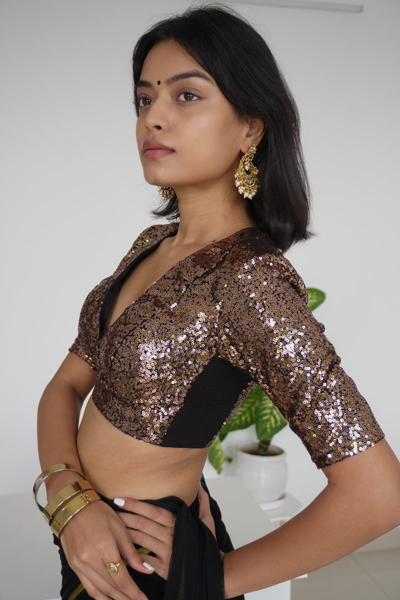Arzoo x Tyohaar | Elbow Sleeves Gold Sequined Saree Blouse with V-Neck-Binks