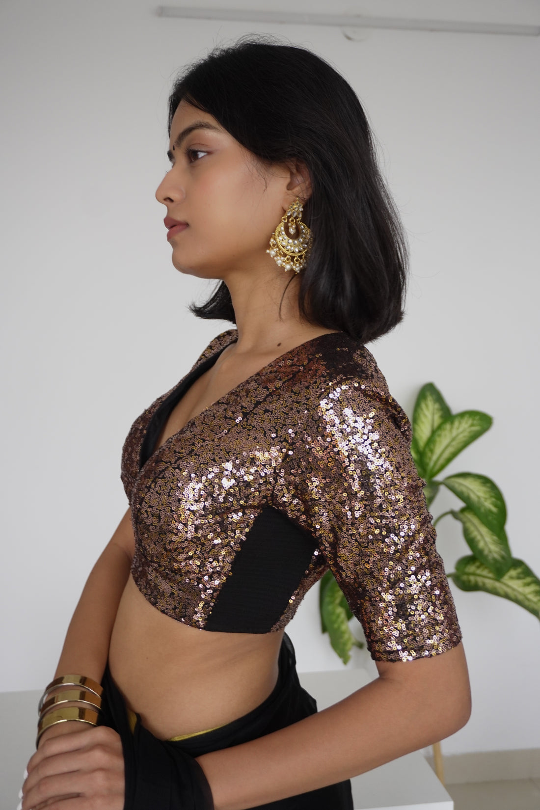 Arzoo x Tyohaar Saree Blouse, in Gold Sequin, featuring elbow sleeves, made for party & festive (view 6).