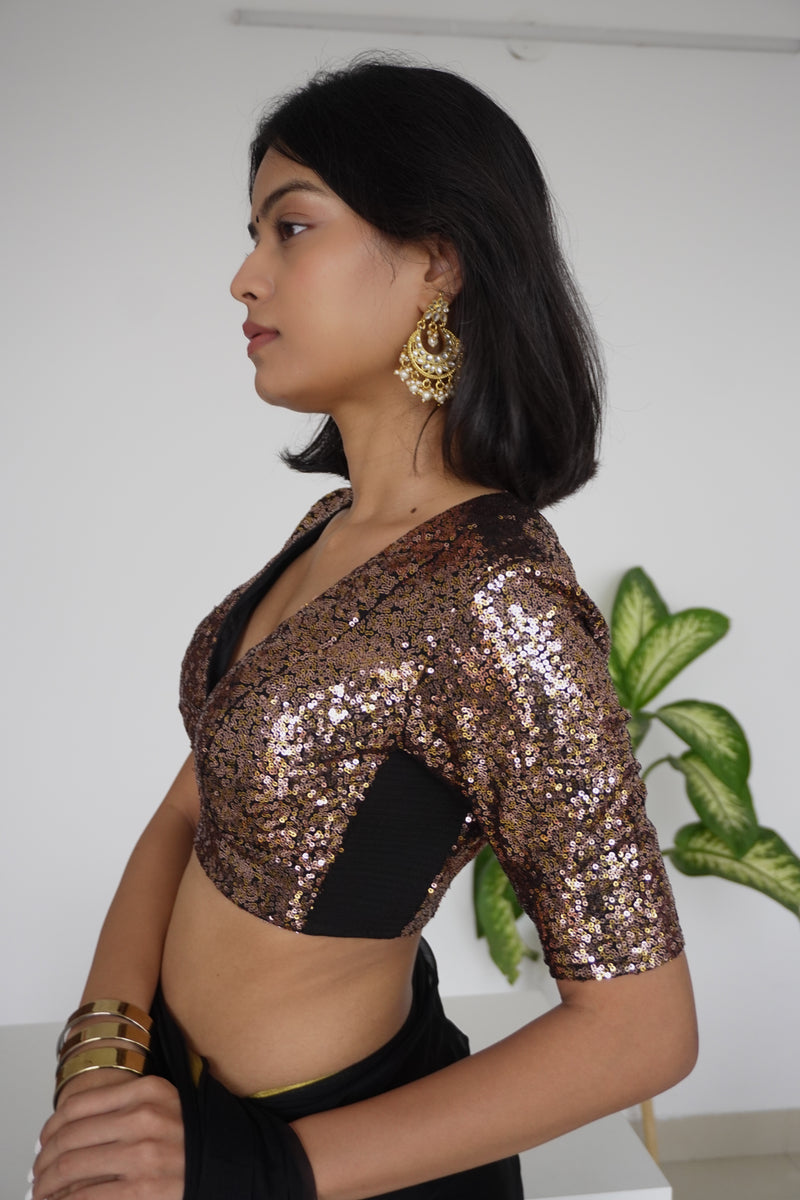 Arzoo x Tyohaar | Elbow Sleeves Gold Sequined Saree Blouse with V-Neck-Binks