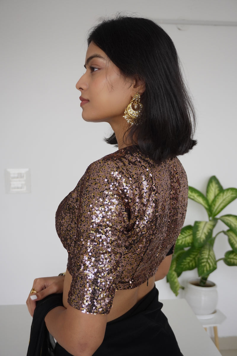 Arzoo x Tyohaar | Elbow Sleeves Gold Sequined Saree Blouse with V-Neck-Binks