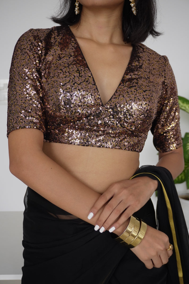 Arzoo x Tyohaar | Elbow Sleeves Gold Sequined Saree Blouse with V-Neck-Binks