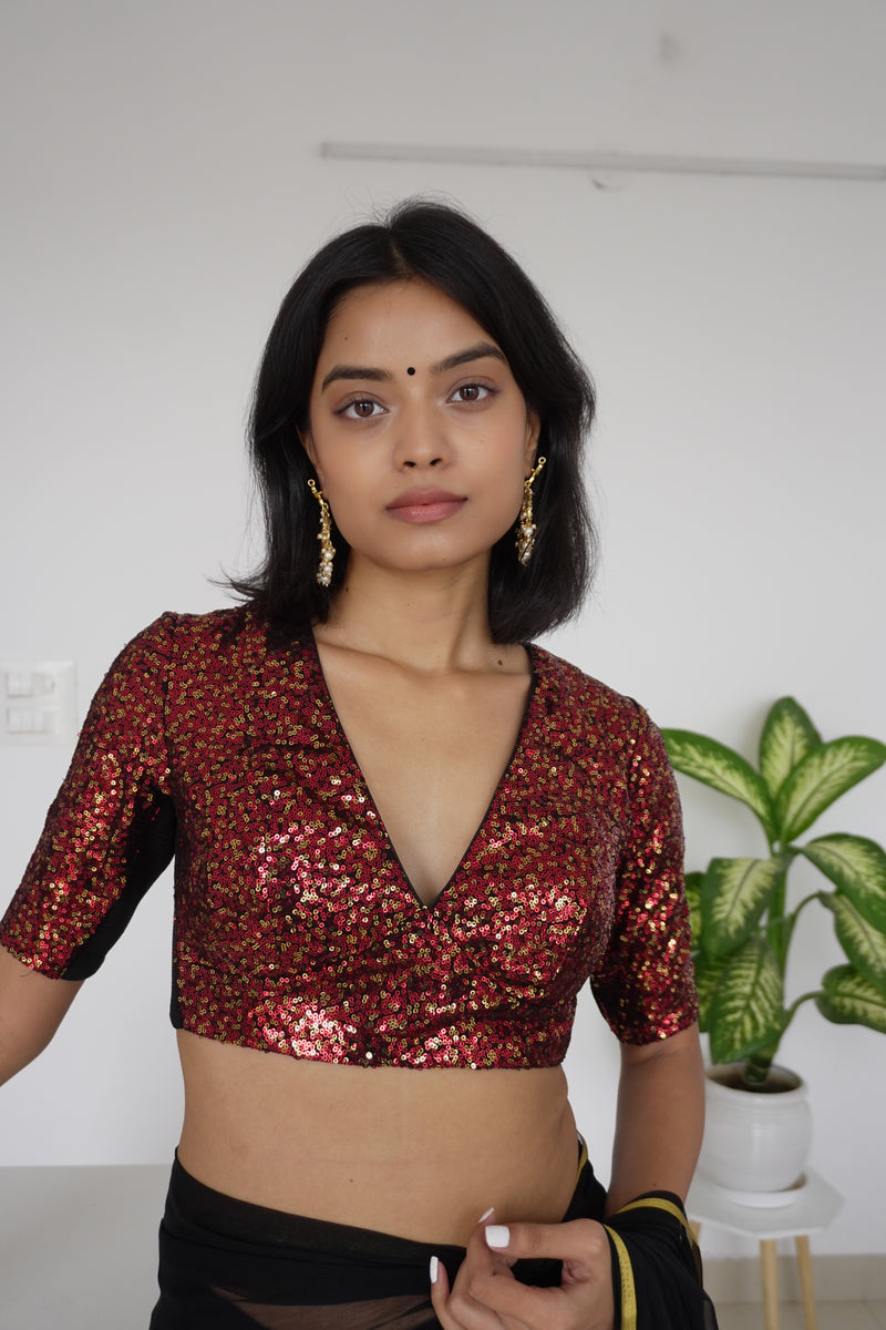 Arzoo x Tyohaar | Elbow Sleeves Red Sequined Saree Blouse with V-Neck-Binks