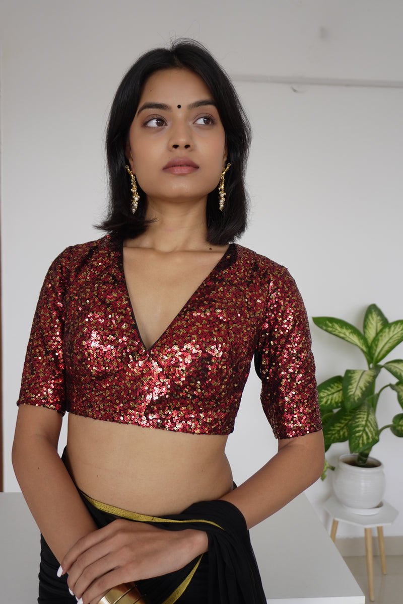 Arzoo x Tyohaar | Elbow Sleeves Red Sequined Saree Blouse with V-Neck-Binks