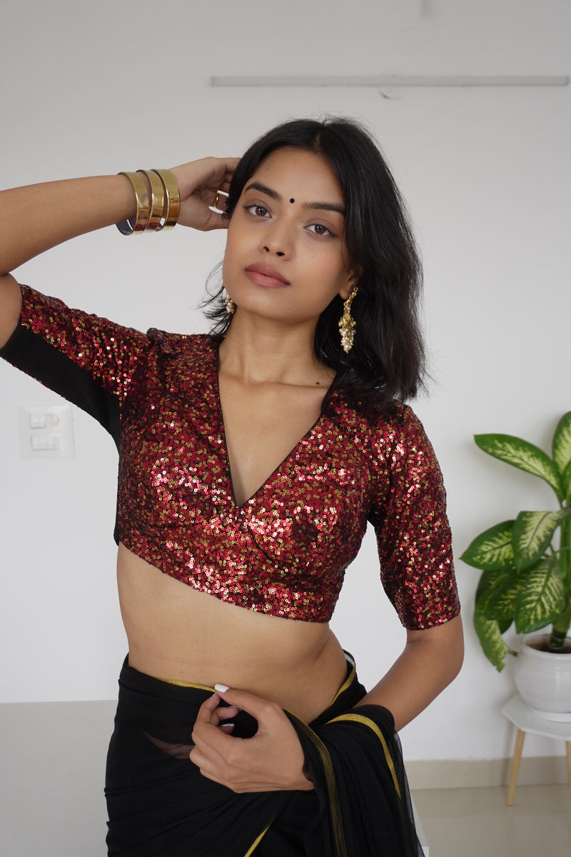 Arzoo x Tyohaar | Elbow Sleeves Red Sequined Saree Blouse with V-Neck-Binks