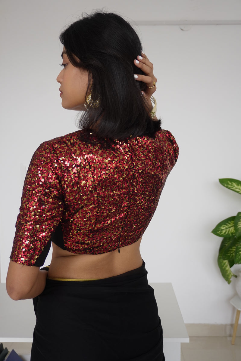 Arzoo x Tyohaar | Elbow Sleeves Red Sequined Saree Blouse with V-Neck-Binks