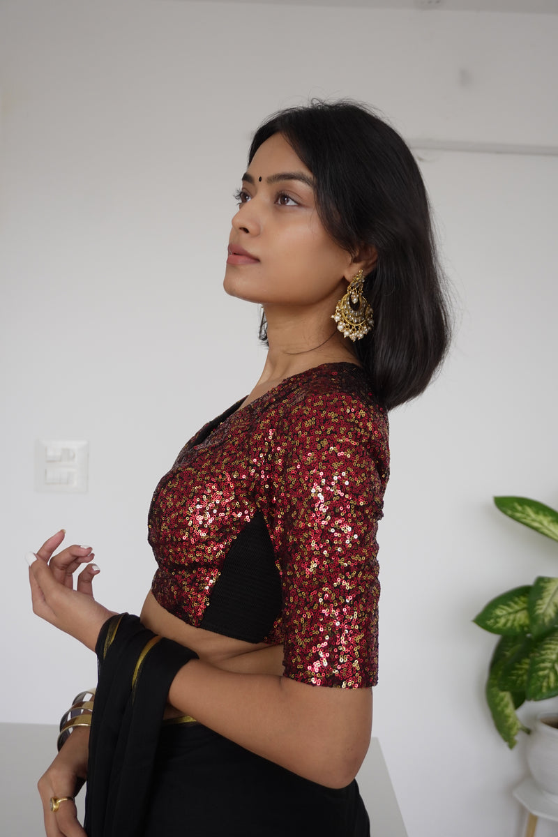 Arzoo x Tyohaar | Elbow Sleeves Red Sequined Saree Blouse with V-Neck-Binks