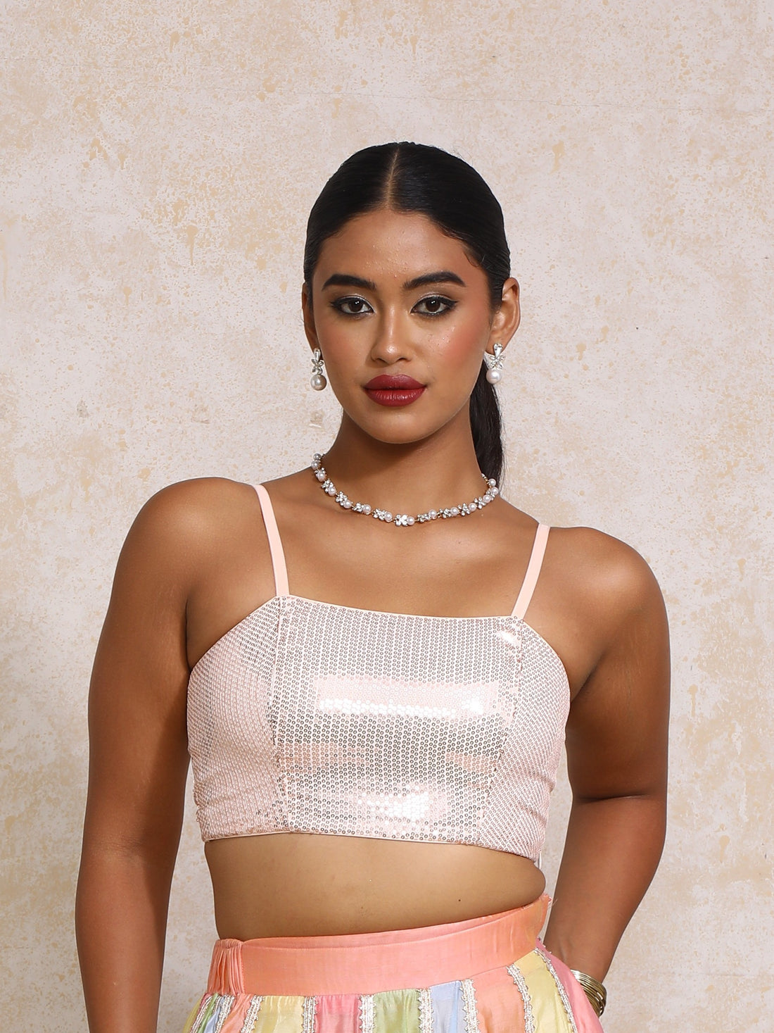 Aurika x Tyohaar Saree Blouse, in Peach Sequin Fabric, featuring sleeveless and shoulder straps neckline (view 6).
