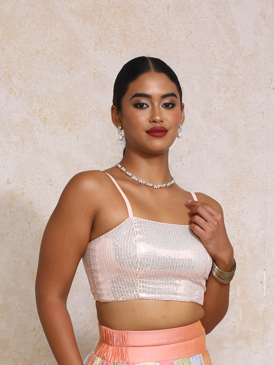 Aurika x Tyohaar Saree Blouse, in Peach Sequin Fabric, featuring sleeveless and shoulder straps neckline (view 8).