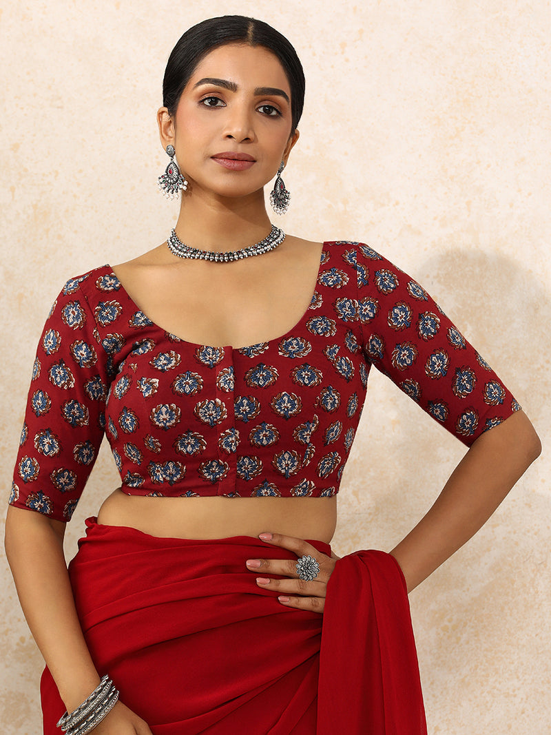 Avika x Rozaana | Elbow Sleeves Saree Blouse in Crimson Field Block Print Cotton-Binks