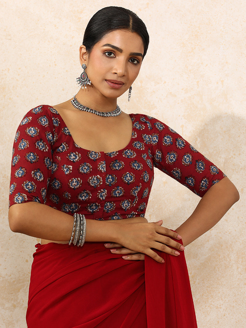 Avika x Rozaana | Elbow Sleeves Saree Blouse in Crimson Field Block Print Cotton-Binks