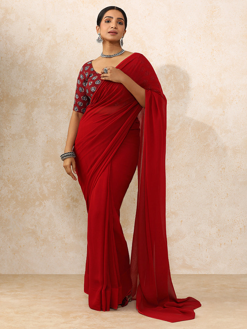 Avika x Rozaana | Elbow Sleeves Saree Blouse in Crimson Field Block Print Cotton-Binks