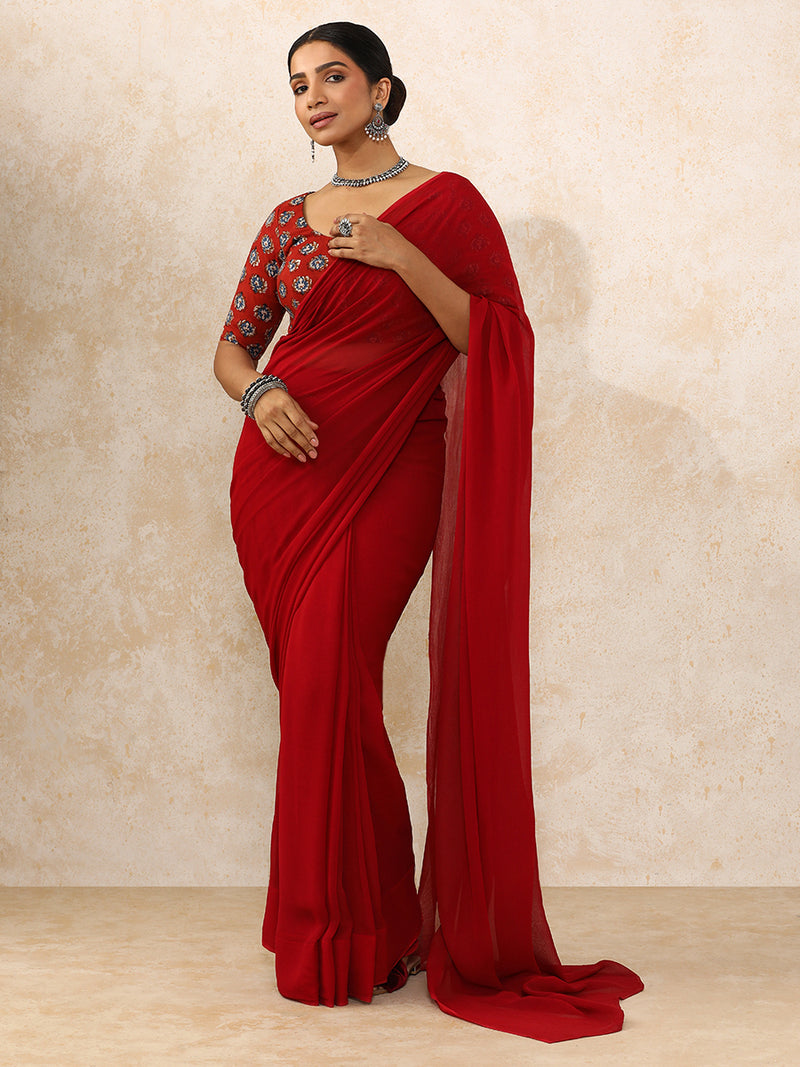 Avika x Rozaana | Elbow Sleeves Saree Blouse in Crimson Field Block Print Cotton-Binks