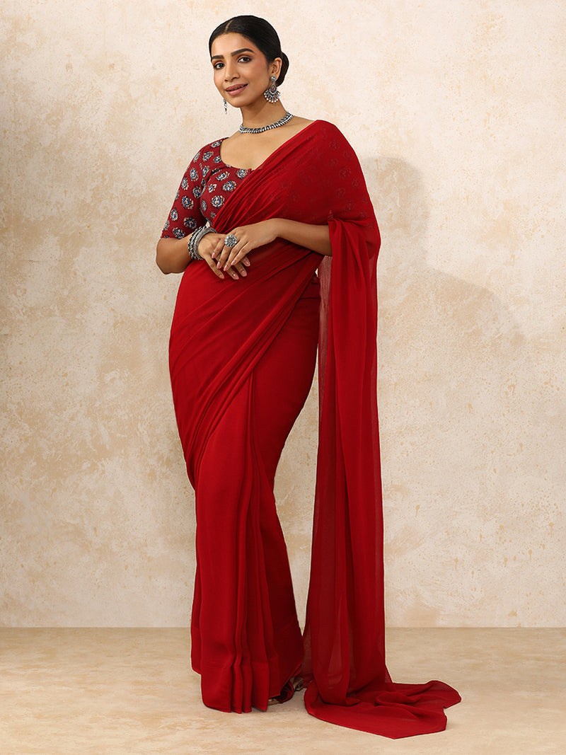 Avika x Rozaana | Elbow Sleeves Saree Blouse in Crimson Field Block Print Cotton-Binks