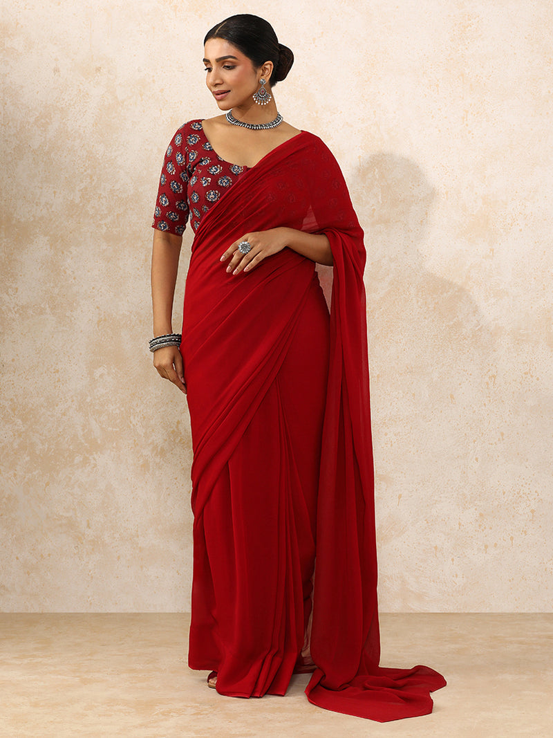 Avika x Rozaana | Elbow Sleeves Saree Blouse in Crimson Field Block Print Cotton-Binks
