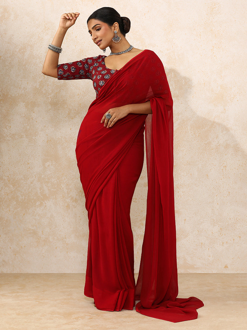 Avika x Rozaana | Elbow Sleeves Saree Blouse in Crimson Field Block Print Cotton-Binks