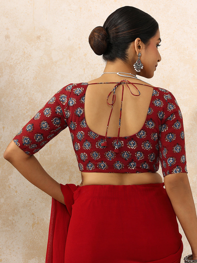 Avika x Rozaana | Elbow Sleeves Saree Blouse in Crimson Field Block Print Cotton-Binks