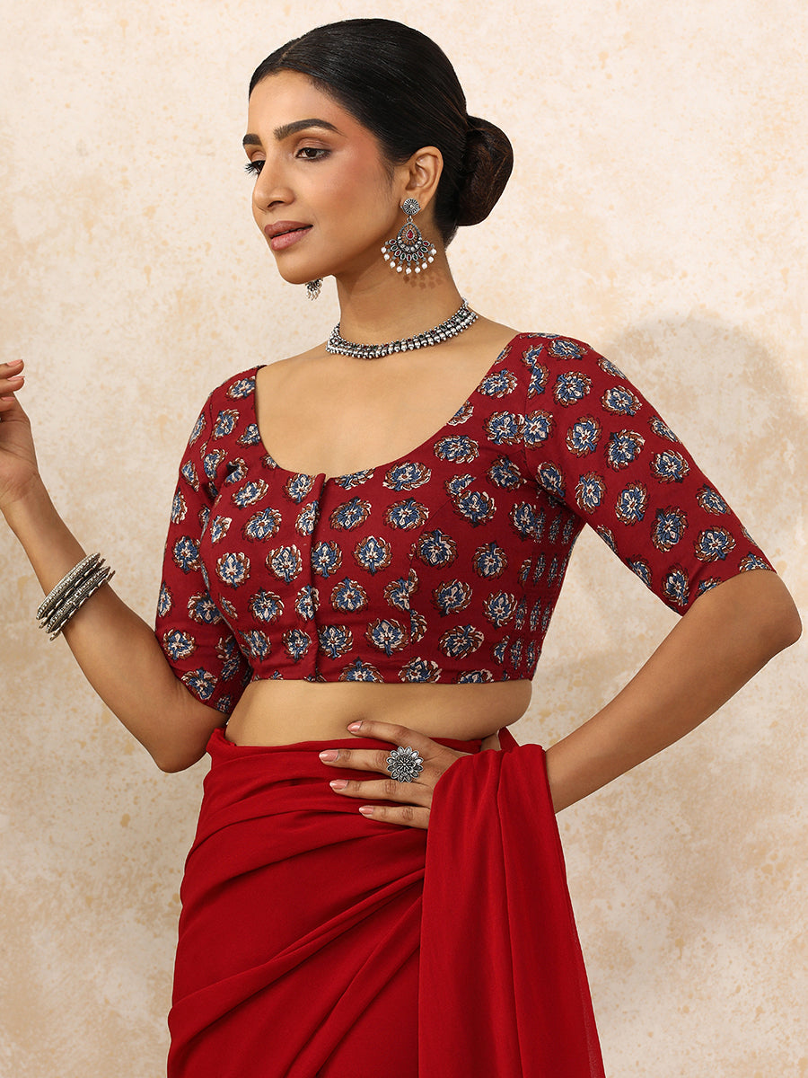 Avika x Rozaana Saree Blouse, in Red 100% Cotton - Block Printed, featuring elbow sleeves and round neckline (view 5).