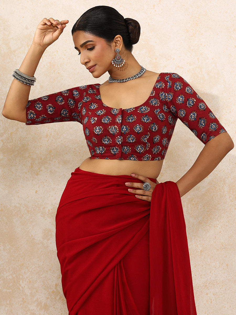Avika x Rozaana Saree Blouse, in Red 100% Cotton - Block Printed, featuring elbow sleeves and round neckline (view 8).