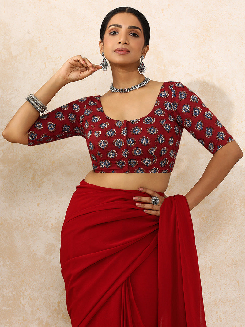 Avika x Rozaana | Elbow Sleeves Saree Blouse in Crimson Field Block Print Cotton-Binks
