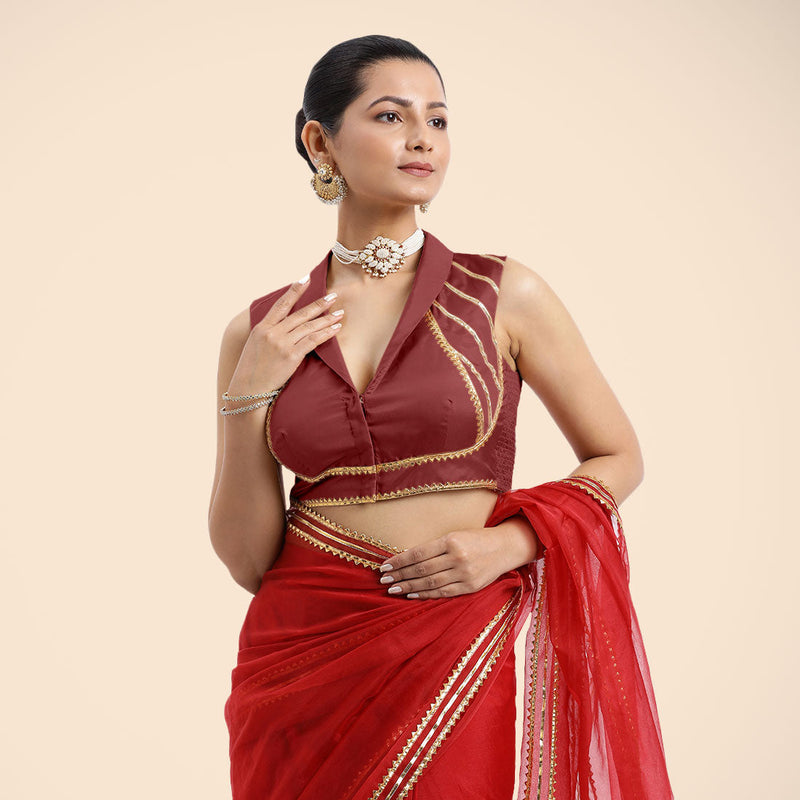 Avni x Tyohaar | Auburn Red Sleeveless FlexiFit™ Saree Blouse with Elegant Shawl Collar with Golden Gota Lace Embellishment-Binks