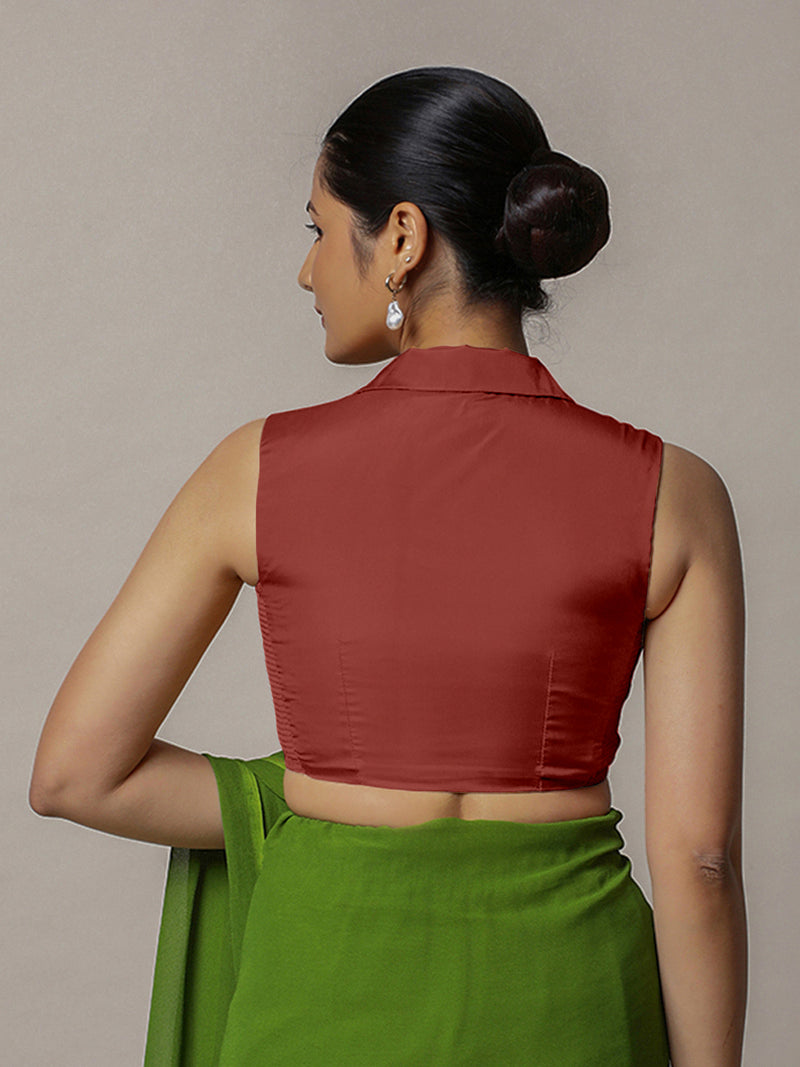 Avni x Rozaana | Auburn Red Sleeveless FlexiFit™ Saree Blouse with Elegant Shawl Collar-Binks