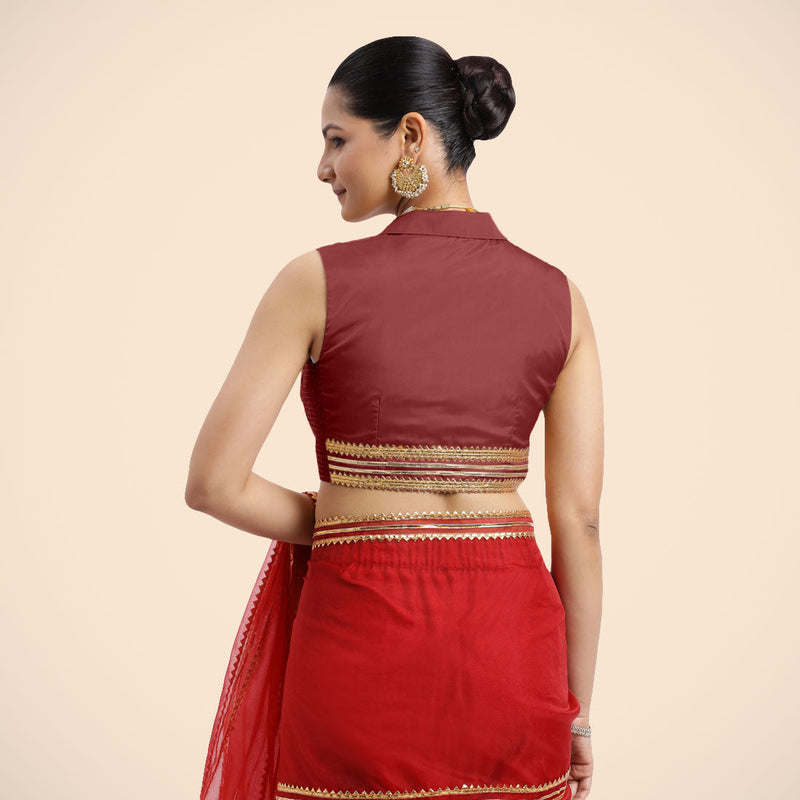 Avni x Tyohaar | Auburn Red Sleeveless FlexiFit™ Saree Blouse with Elegant Shawl Collar with Golden Gota Lace Embellishment-Binks