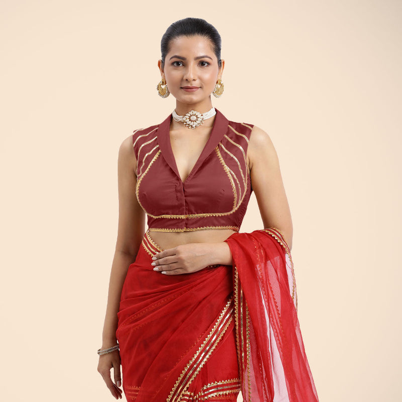 Avni x Tyohaar | Auburn Red Sleeveless FlexiFit™ Saree Blouse with Elegant Shawl Collar with Golden Gota Lace Embellishment-Binks