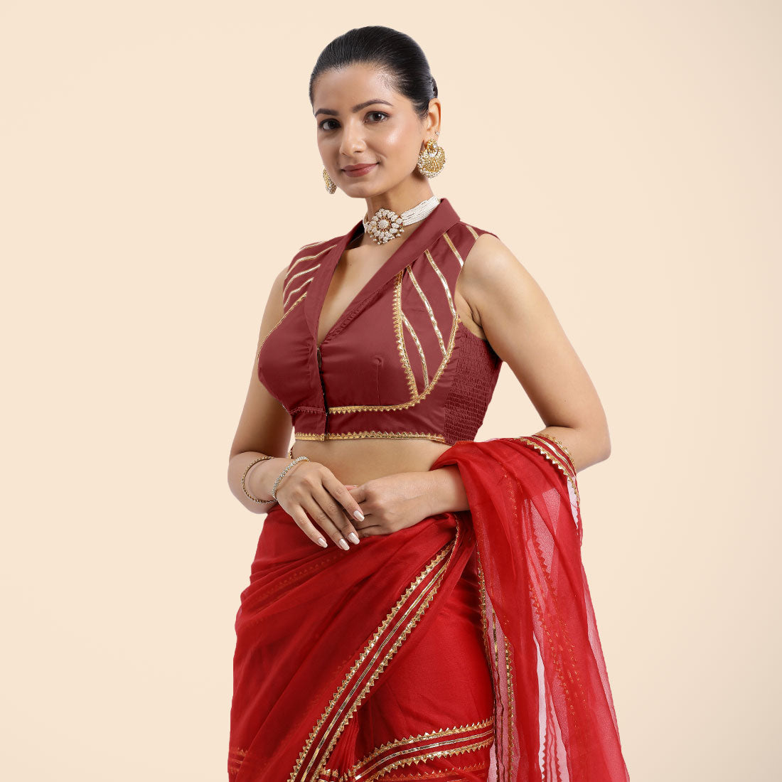 Avni x Tyohaar Saree Blouse, in Red Vegan Silk, featuring sleeveless and shawl neckline, made for party & festive (view 6).