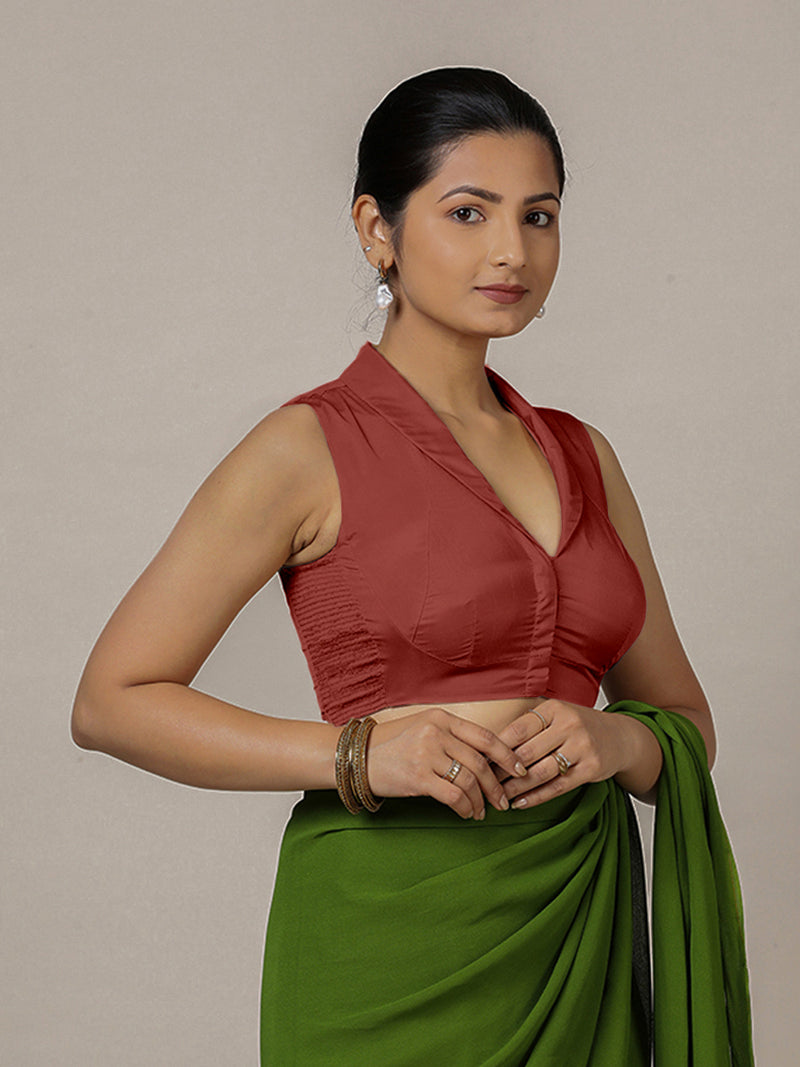 Avni x Rozaana | Auburn Red Sleeveless FlexiFit™ Saree Blouse with Elegant Shawl Collar-Binks