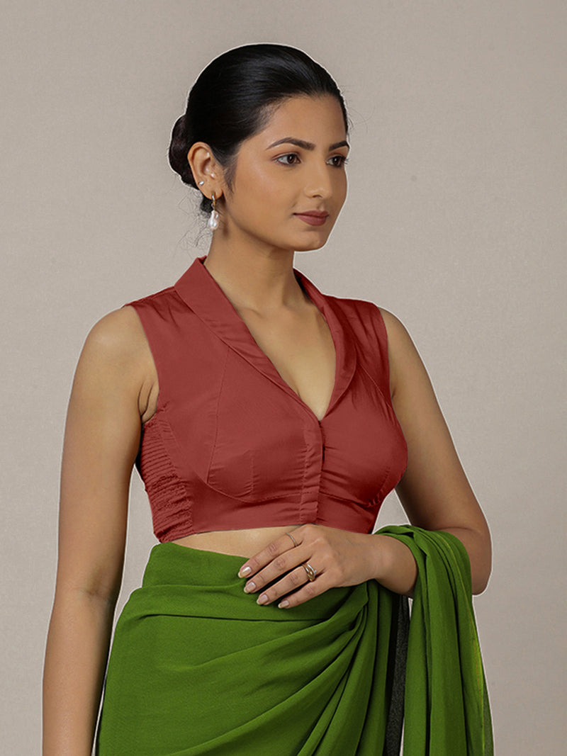 Avni x Rozaana | Auburn Red Sleeveless FlexiFit™ Saree Blouse with Elegant Shawl Collar-Binks