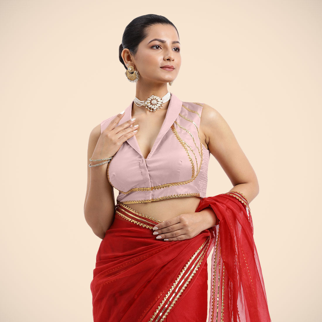 Avni x Tyohaar Saree Blouse, in Pink Artificial Silk, featuring sleeveless and shawl neckline, made for party & festive.