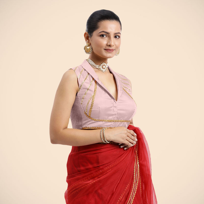 Avni x Tyohaar | Sleeveless Baby Pink FlexiFit™ Gota Embellished Saree Blouse with Shawl Neck-Binks