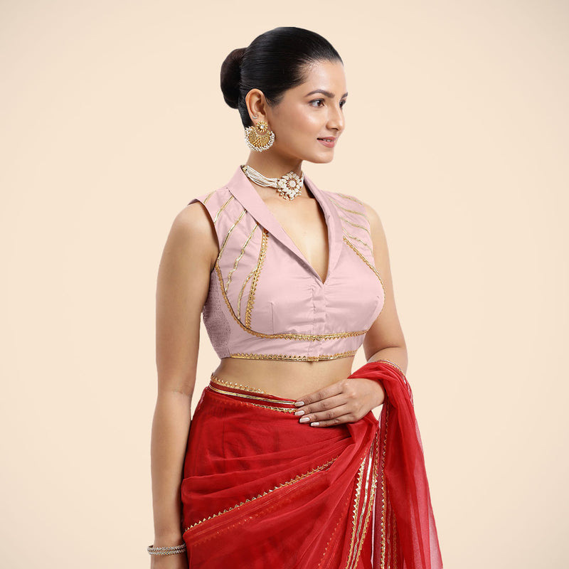Avni x Tyohaar | Sleeveless Baby Pink FlexiFit™ Gota Embellished Saree Blouse with Shawl Neck-Binks