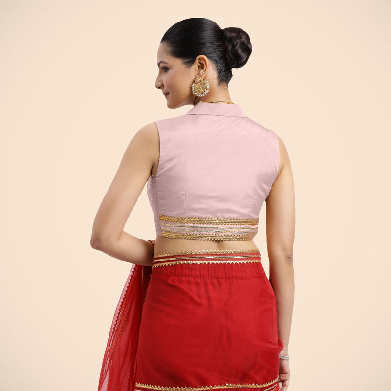 Avni x Tyohaar | Sleeveless Baby Pink FlexiFit™ Gota Embellished Saree Blouse with Shawl Neck-Binks