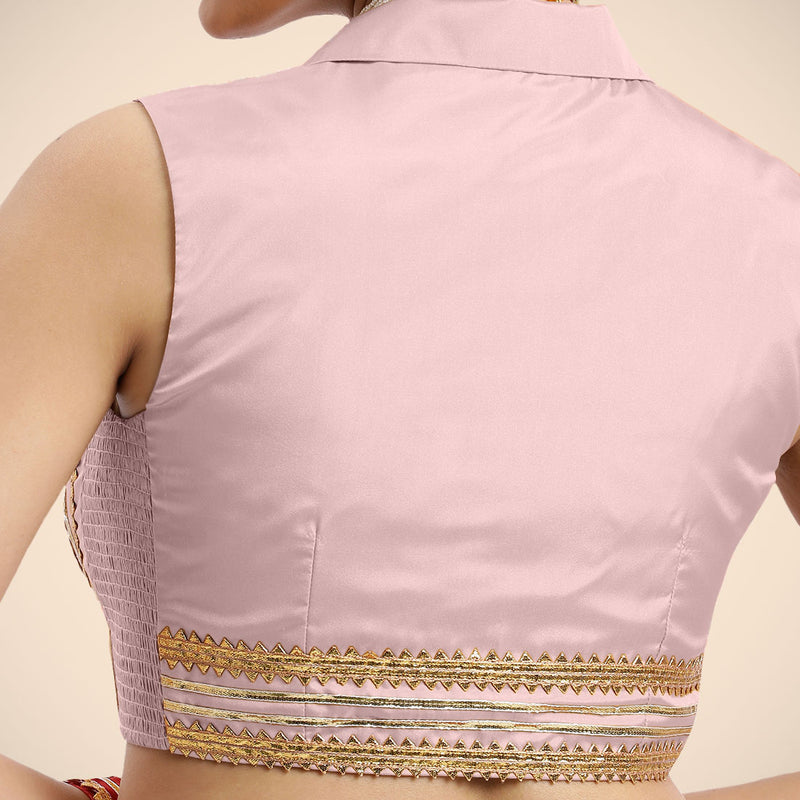 Avni x Tyohaar | Sleeveless Baby Pink FlexiFit™ Gota Embellished Saree Blouse with Shawl Neck-Binks