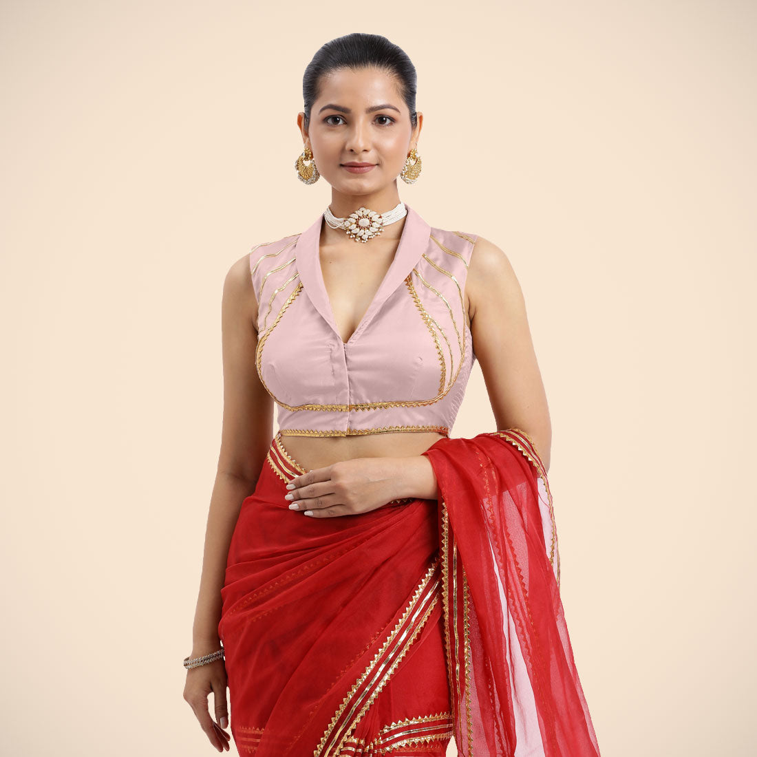 Avni x Tyohaar Saree Blouse, in Pink Artificial Silk, featuring sleeveless and shawl neckline, made for party & festive.