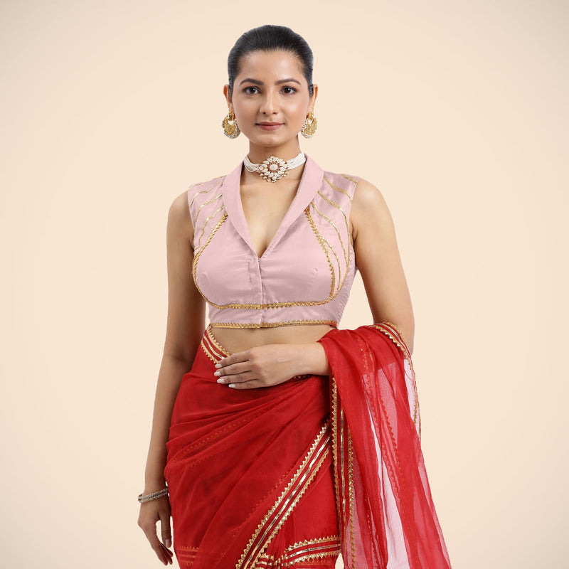 Avni x Tyohaar | Sleeveless Baby Pink FlexiFit™ Gota Embellished Saree Blouse with Shawl Neck-Binks