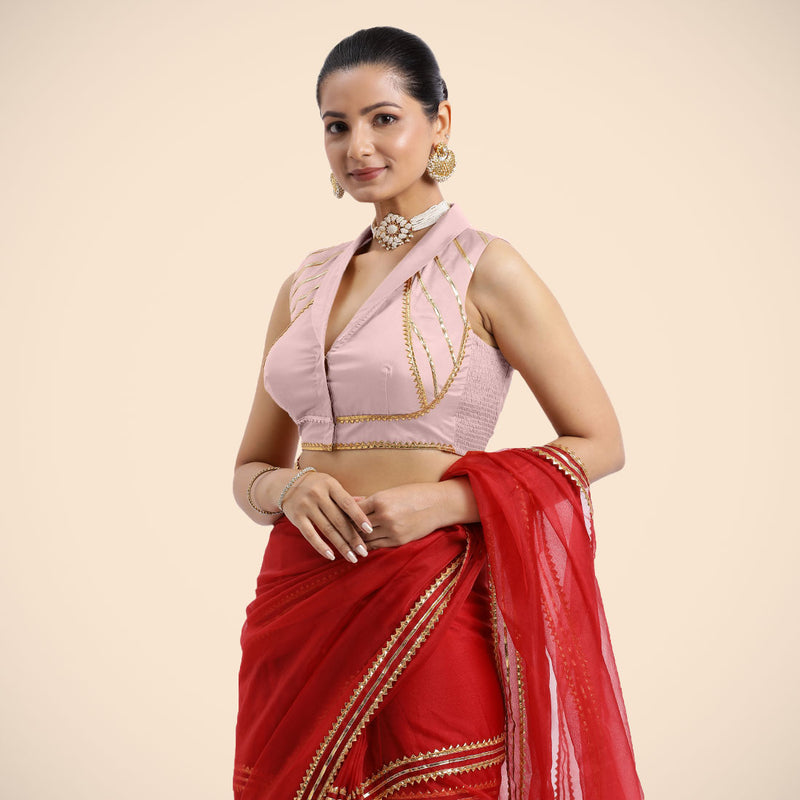 Avni x Tyohaar | Sleeveless Baby Pink FlexiFit™ Gota Embellished Saree Blouse with Shawl Neck-Binks