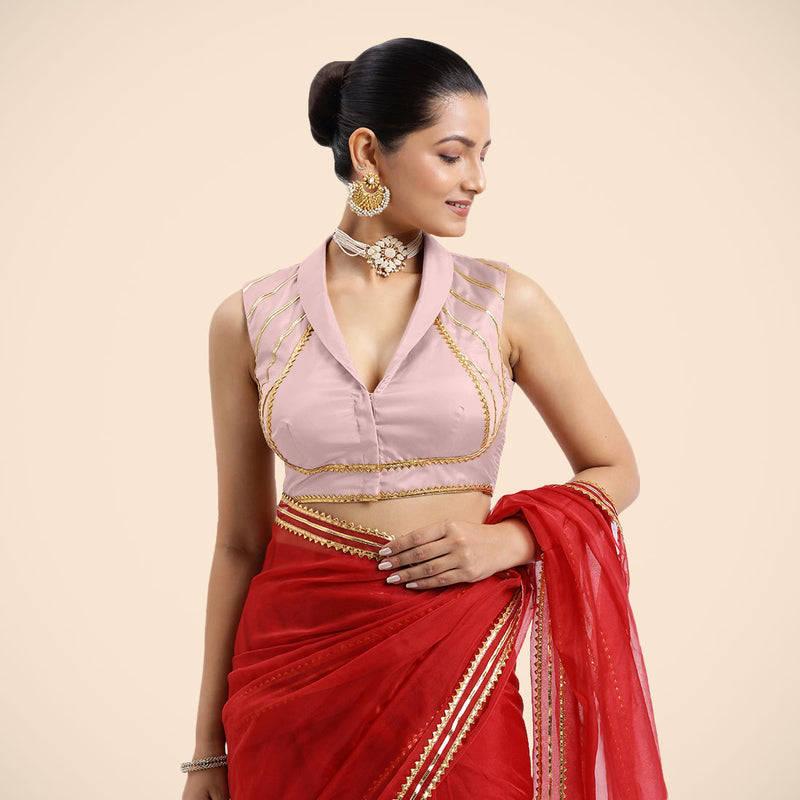 Avni x Tyohaar | Sleeveless Baby Pink FlexiFit™ Gota Embellished Saree Blouse with Shawl Neck-Binks