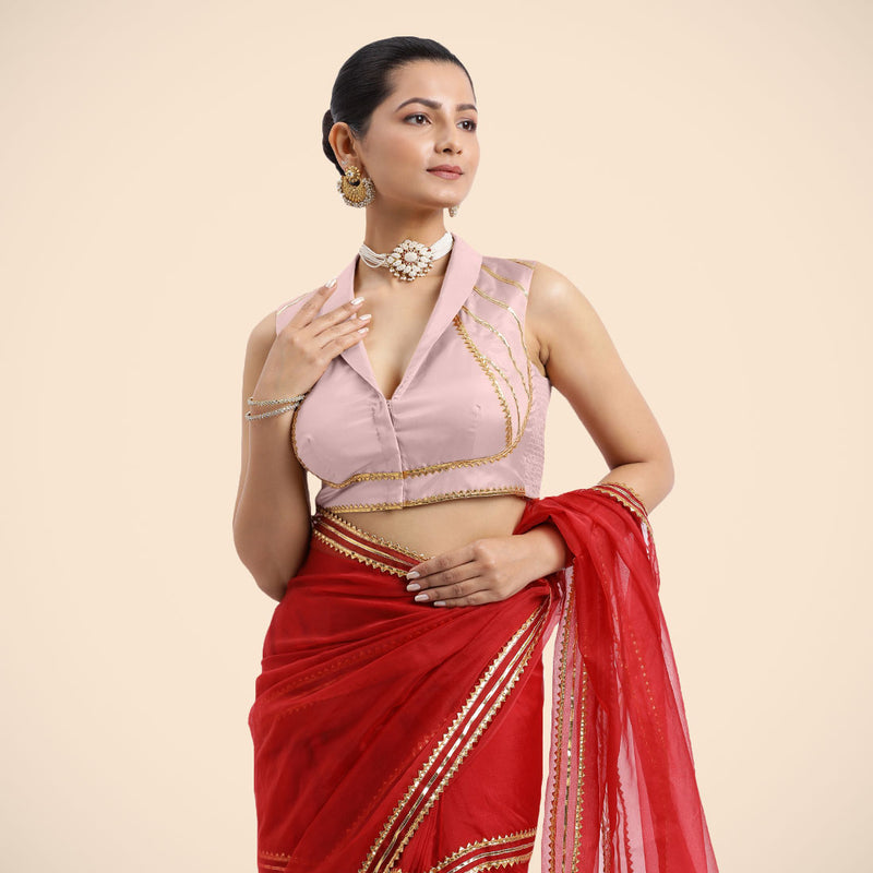 Avni x Tyohaar | Sleeveless Baby Pink FlexiFit™ Gota Embellished Saree Blouse with Shawl Neck-Binks
