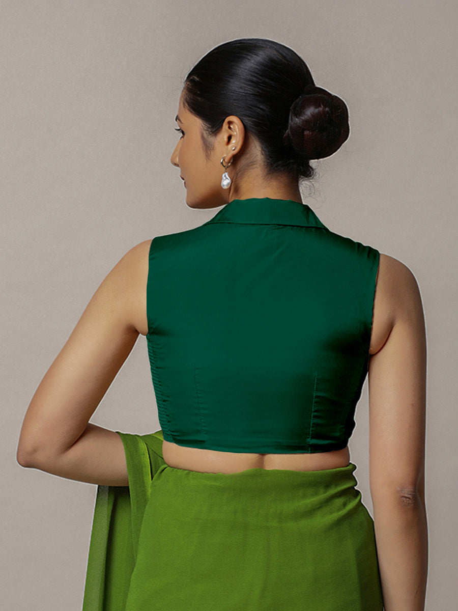 Avni x Rozaana Saree Blouse, in Green Vegan Silk, featuring sleeveless and shawl neckline, made for party & festive (view 2).