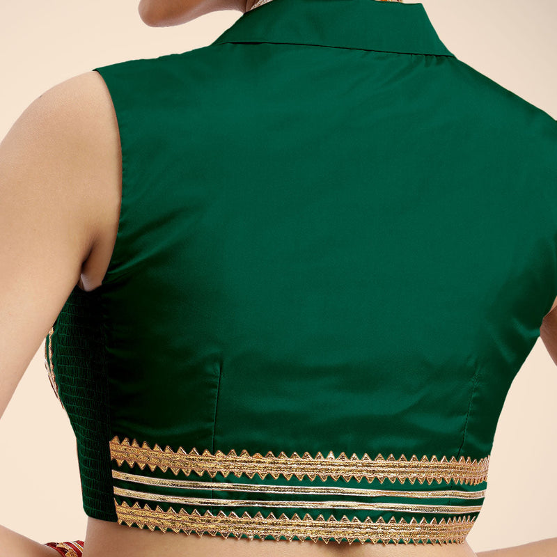 Avni x Tyohaar | Bottle Green Sleeveless FlexiFit™ Saree Blouse with Elegant Shawl Collar with Golden Gota Lace Embellishment-Binks
